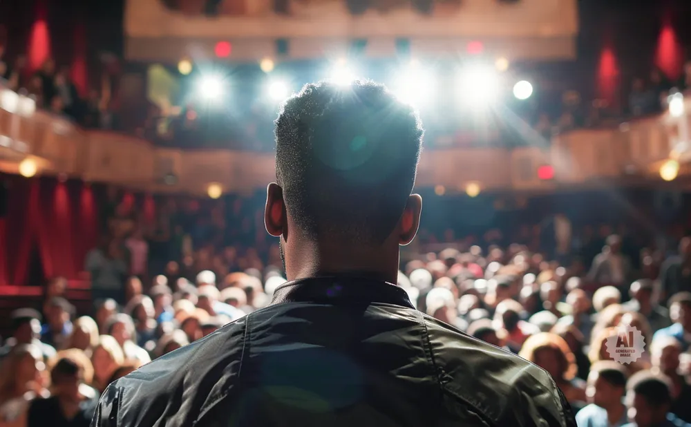 Man on stage facing a crowd, bathed in spotlight.