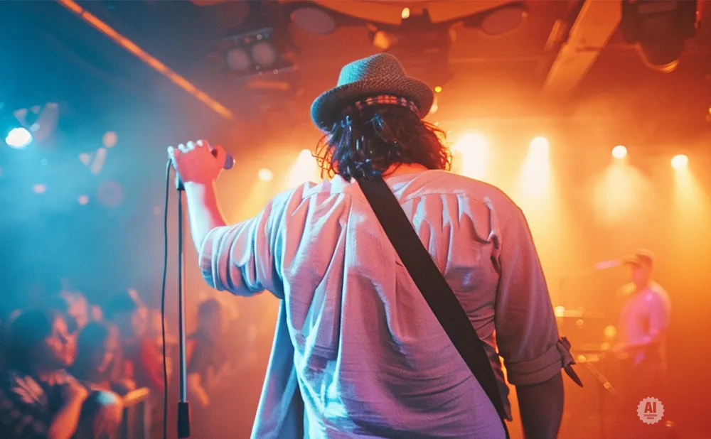 Musician in a hat sings into a microphone on stage, bathed in orange and blue lights, with a crowd visible.