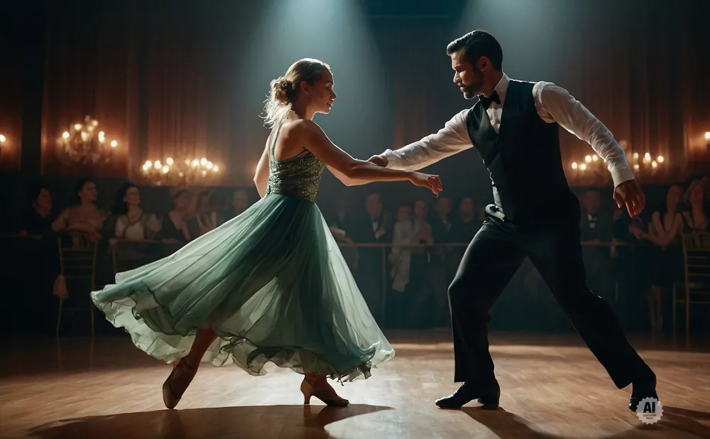 A couple dances elegantly in a ballroom, with the woman in a flowing green dress and the man in formal attire.