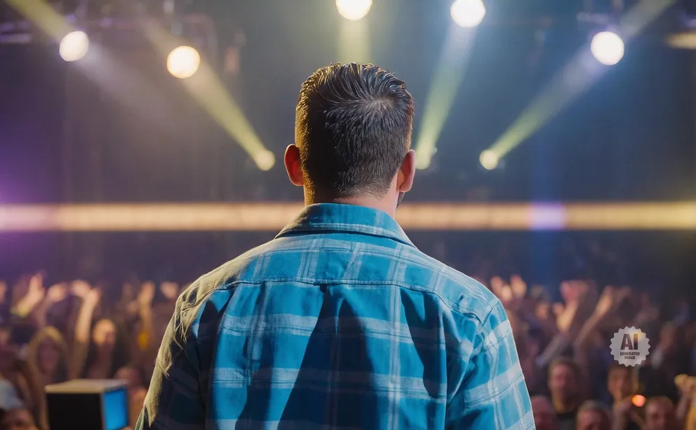 Man in a blue plaid shirt faces away from camera on a stage, addressing a cheering crowd under stage lights.