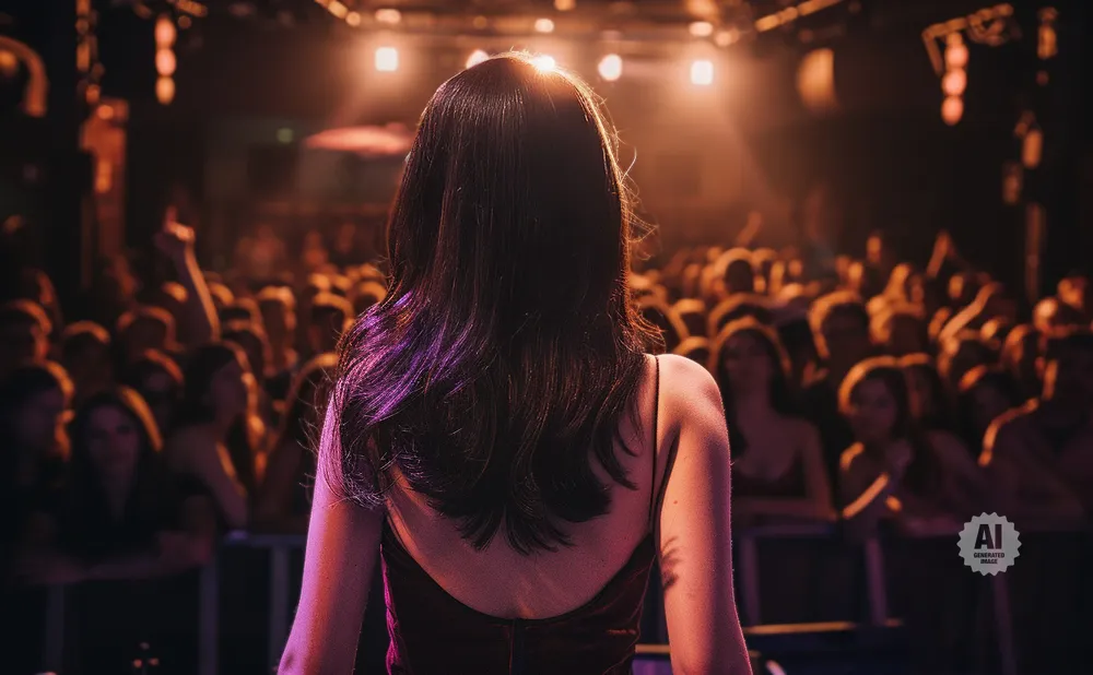 Woman on stage in front of a cheering crowd at a concert.