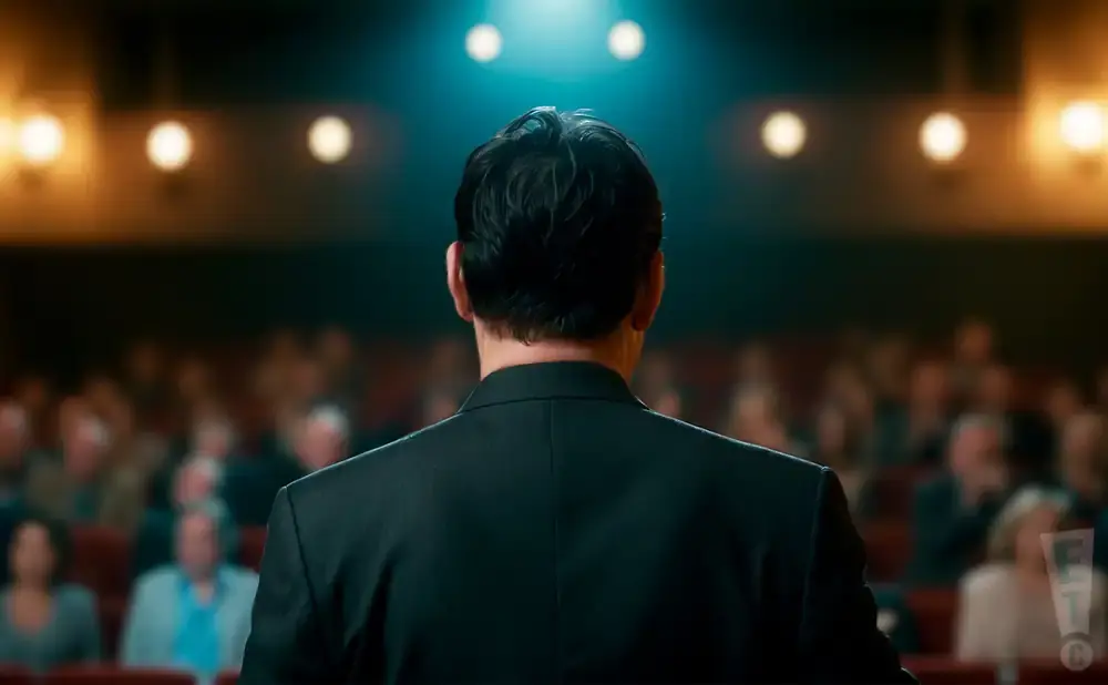 A person in a suit faces away from the camera, addressing an audience in a dimly lit theater.