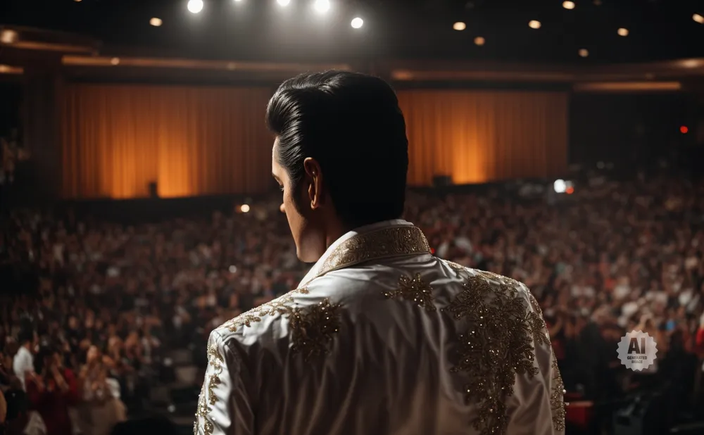 Man in ornate white outfit with gold embroidery stands on stage facing a large, applauding audience.