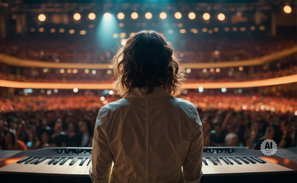 Person at a piano on stage, facing a large, blurred audience in a concert hall.