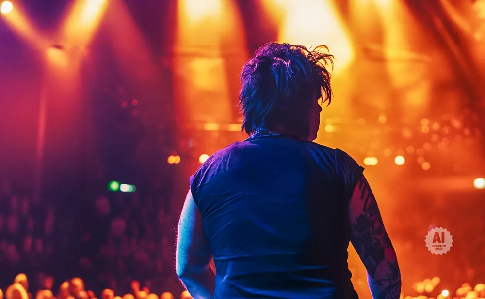 Back view of a person with a tattoo on their arm on a stage with colorful lighting and a blurry crowd.