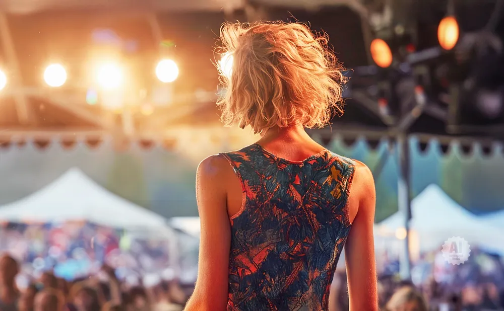 Woman from behind at an outdoor concert, bathed in warm stage lights.