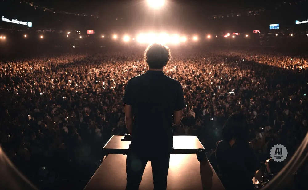 A performer on stage faces a massive, illuminated crowd at a concert.