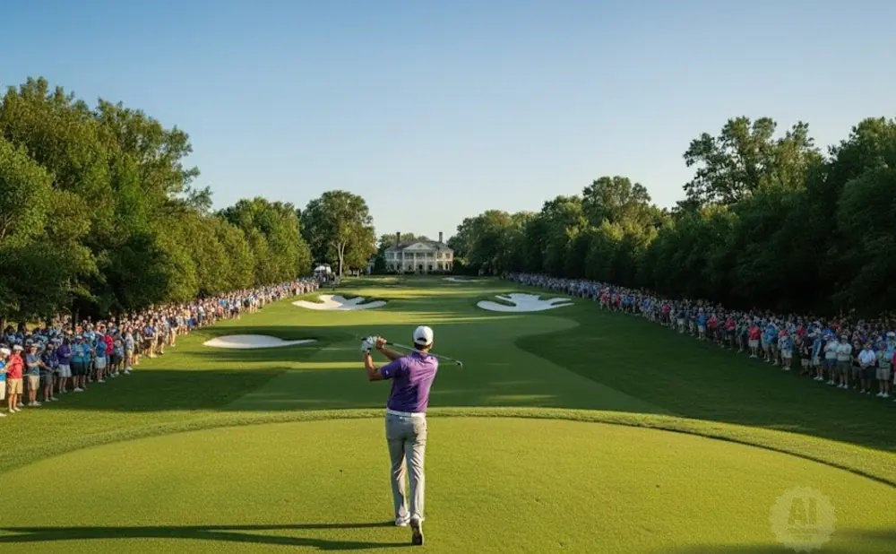 Golfer in purple shirt swings on a sunny golf course, with a crowd watching on either side.
