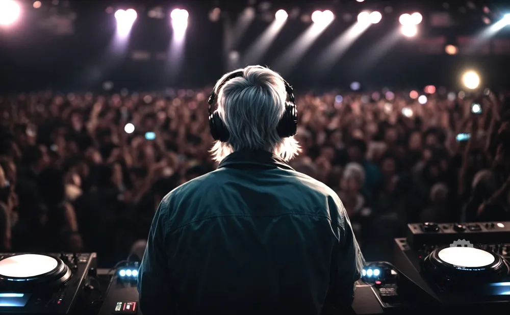 DJ with headphones plays for a large, blurred crowd at a concert, illuminated by bright stage lights.