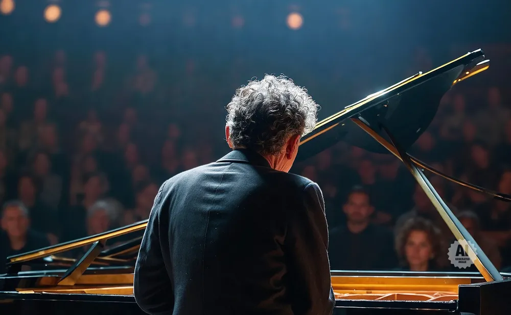 Pianist with curly hair seen from behind, playing a grand piano on stage before an audience.