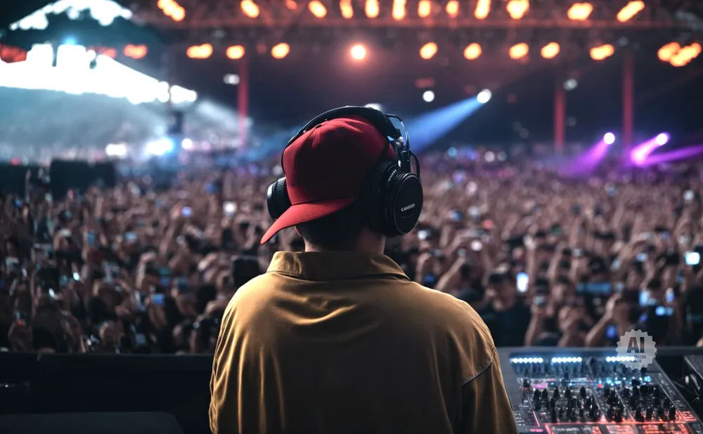 DJ in headphones and red hat plays for a large crowd at a concert, with lights and a soundboard visible.