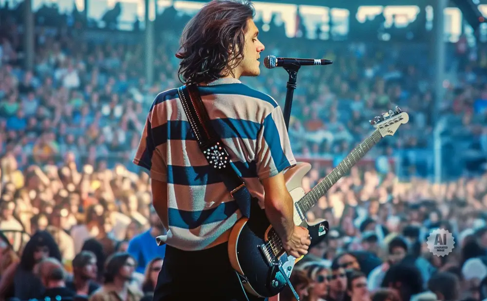 A man with long hair sings into a microphone while playing a guitar on stage at a concert.