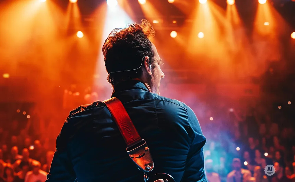 Musician on stage with a red guitar strap, facing an audience under orange spotlights.