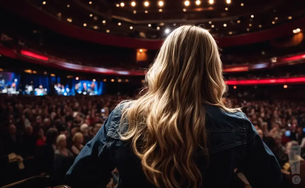Woman with long blonde hair in a denim jacket facing a large audience in a theater.