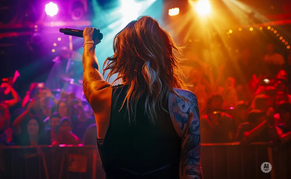 Singer on stage with microphone, back to camera, crowd in background, lit by stage lights.
