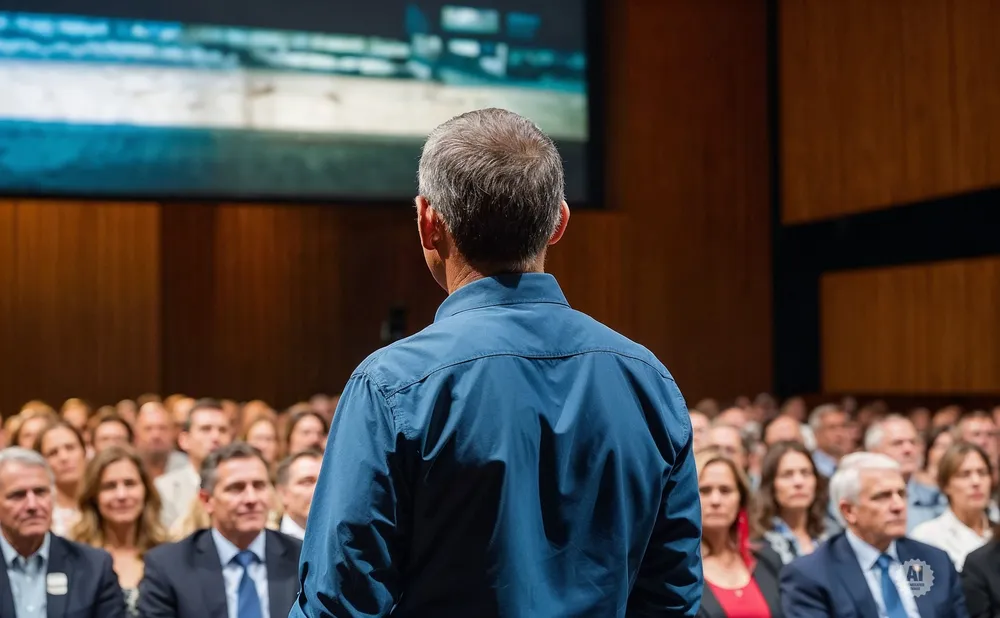 Man in blue shirt addresses audience in a dimly lit auditorium with a large screen behind him.