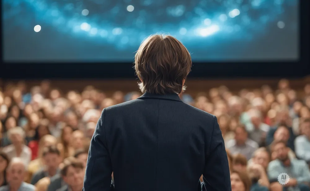 A person in a suit faces away from the camera, speaking to a large, blurred audience in front of a screen.