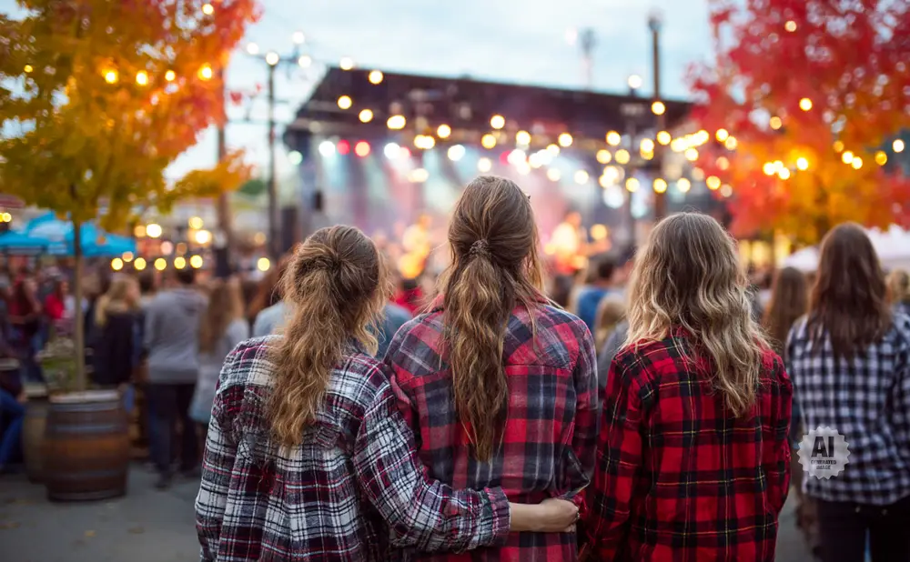 Three friends in plaid shirts watch a concert at an outdoor fall festival.