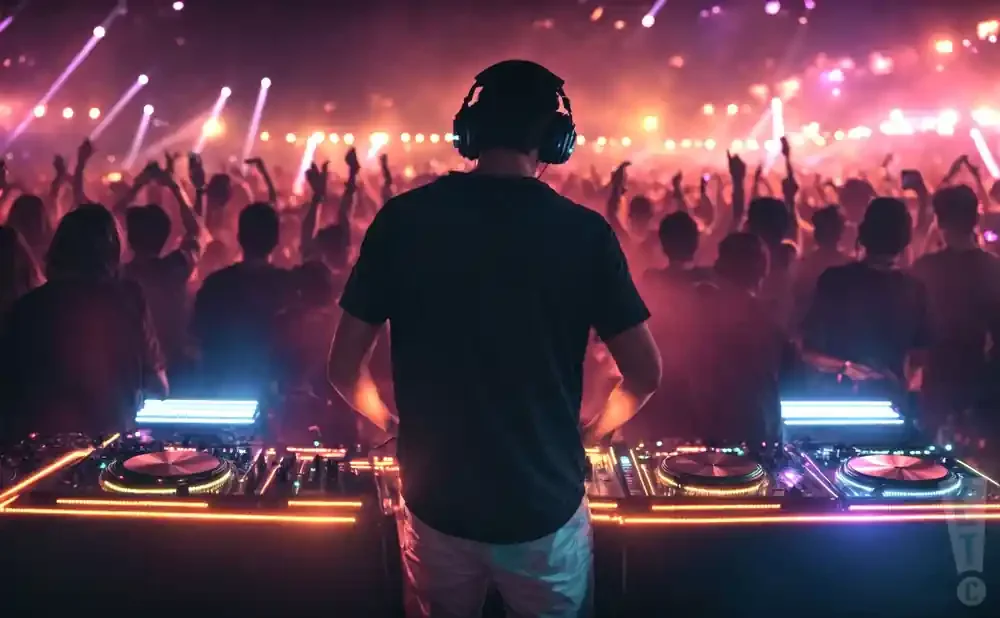 DJ in headphones playing music to a cheering crowd at a concert, illuminated by stage lights.