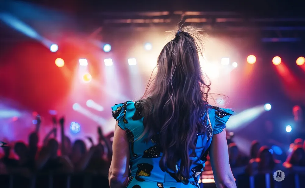 Woman in a blue dress facing a crowd with stage lights in the background.