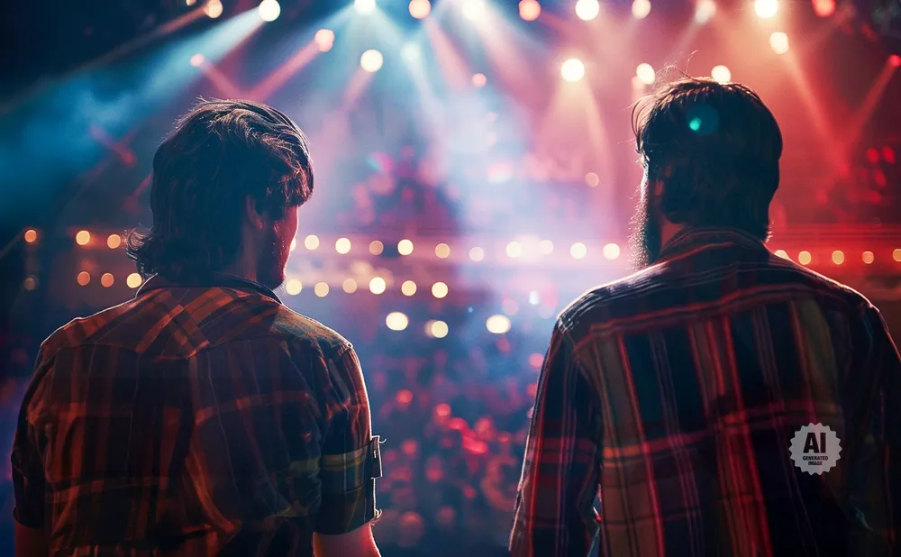Two men in plaid shirts face a cheering crowd and stage lights at a concert.