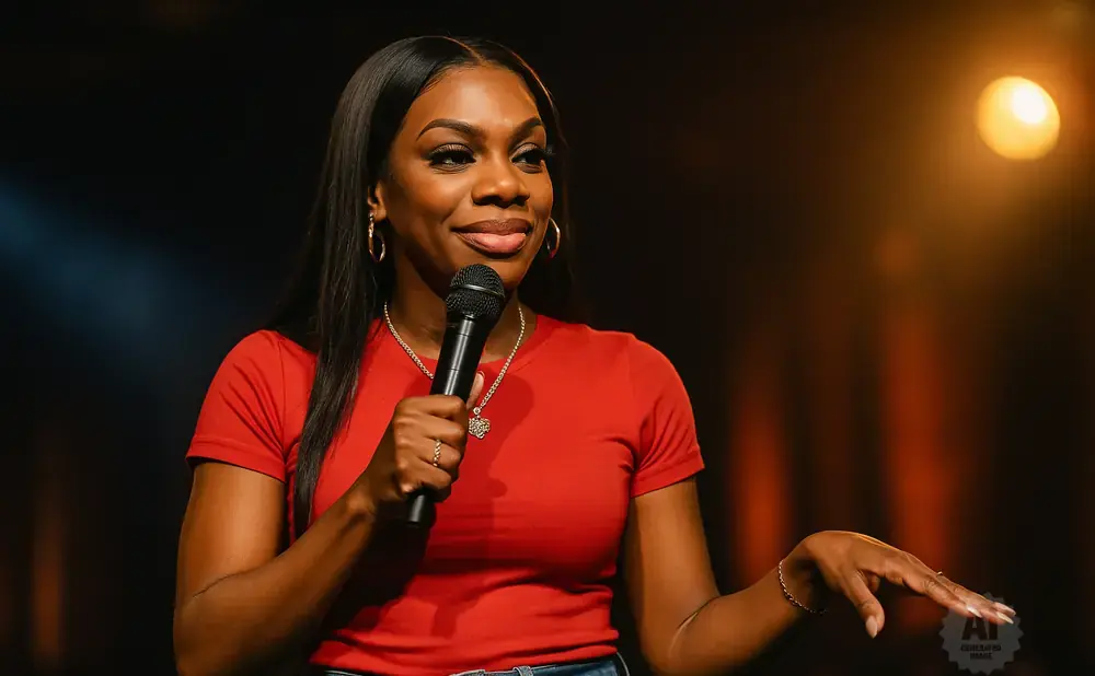 A Black woman in a red shirt holds a microphone and speaks on stage under a spotlight.
