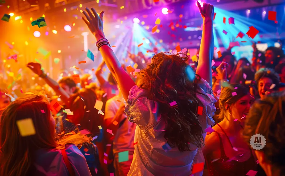 A crowded dance floor with people dancing and confetti falling under colorful lights.