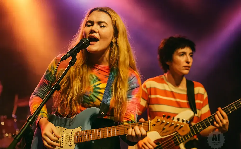 Two female musicians perform on stage, one singing and playing a guitar, the other playing bass.