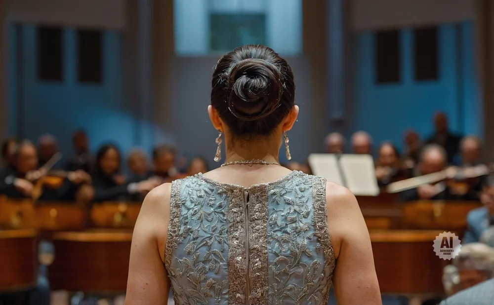 Woman with hair in a bun wearing a sequined dress, facing an orchestra.