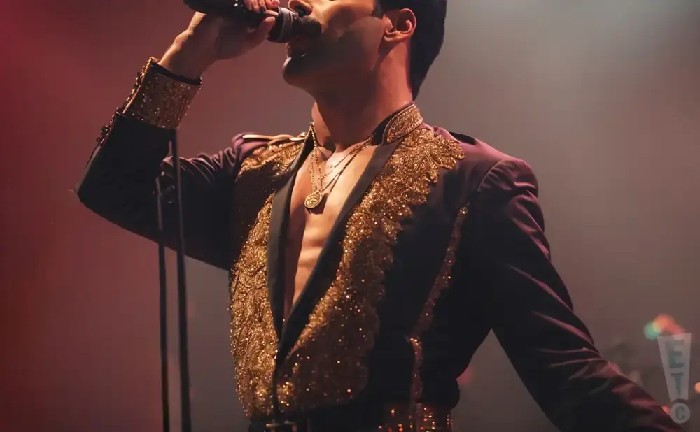 A man in a jeweled jacket sings into a microphone, with his chest exposed.