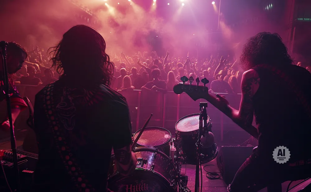 A band performs on a dimly lit stage to a cheering crowd.