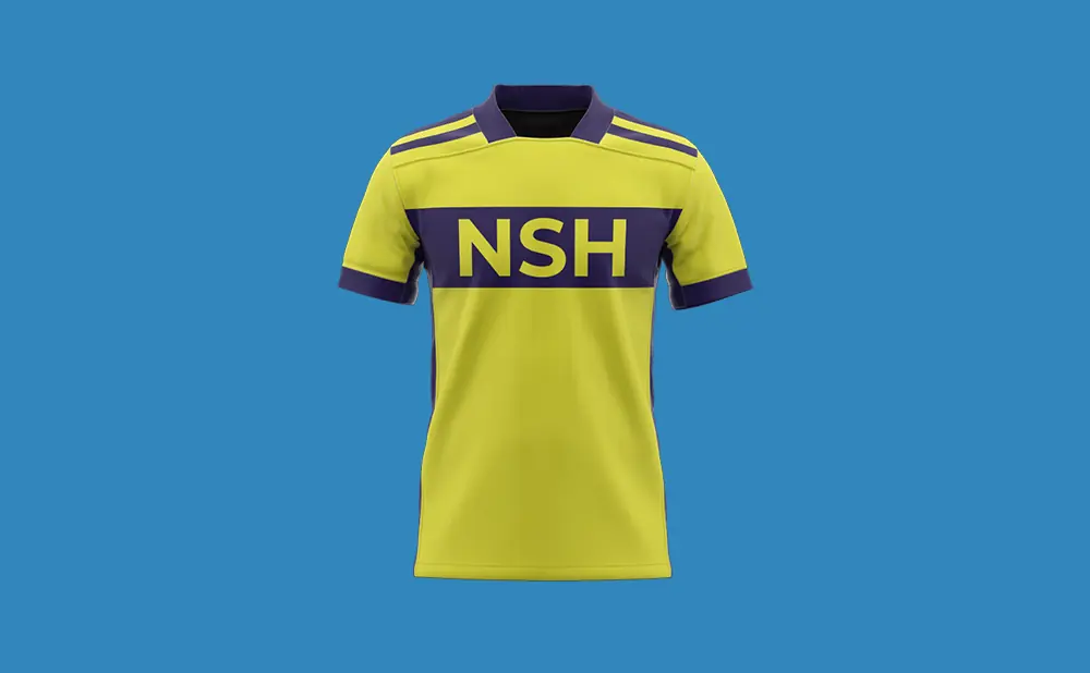 A yellow and purple soccer jersey with 