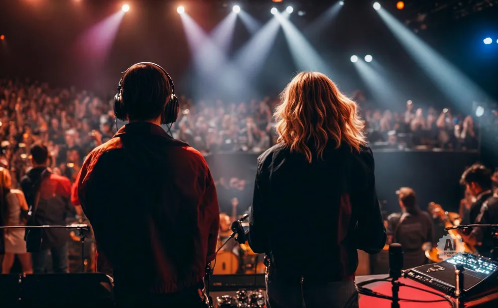Two musicians on stage with a large audience in the background, lit by stage lights.
