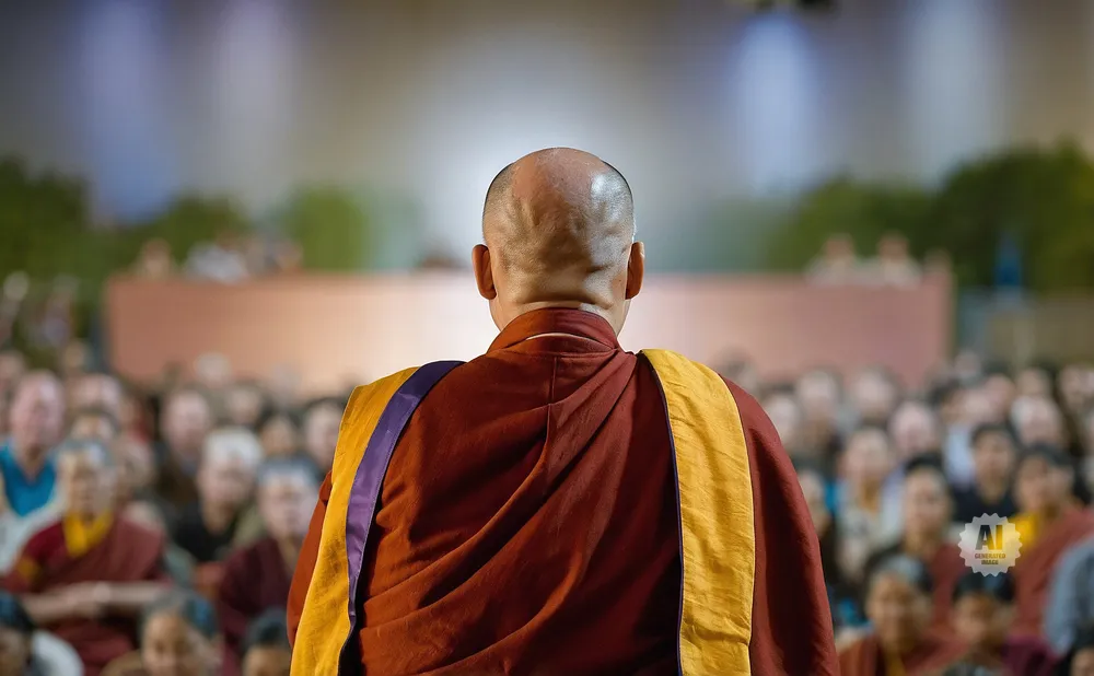 Monk facing away from the camera, addressing a seated audience.