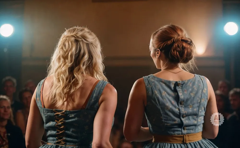 Two women in blue floral dresses with their backs to the camera, looking towards a stage with bright lights.