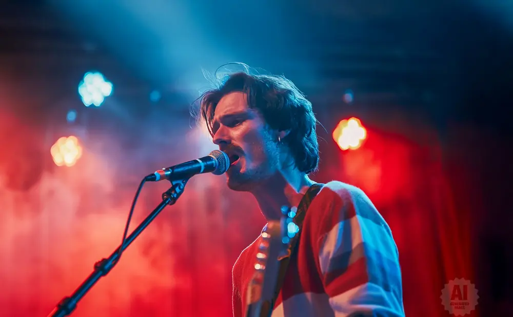 A male singer performs on stage, bathed in red and blue lights, with a microphone in front of him.