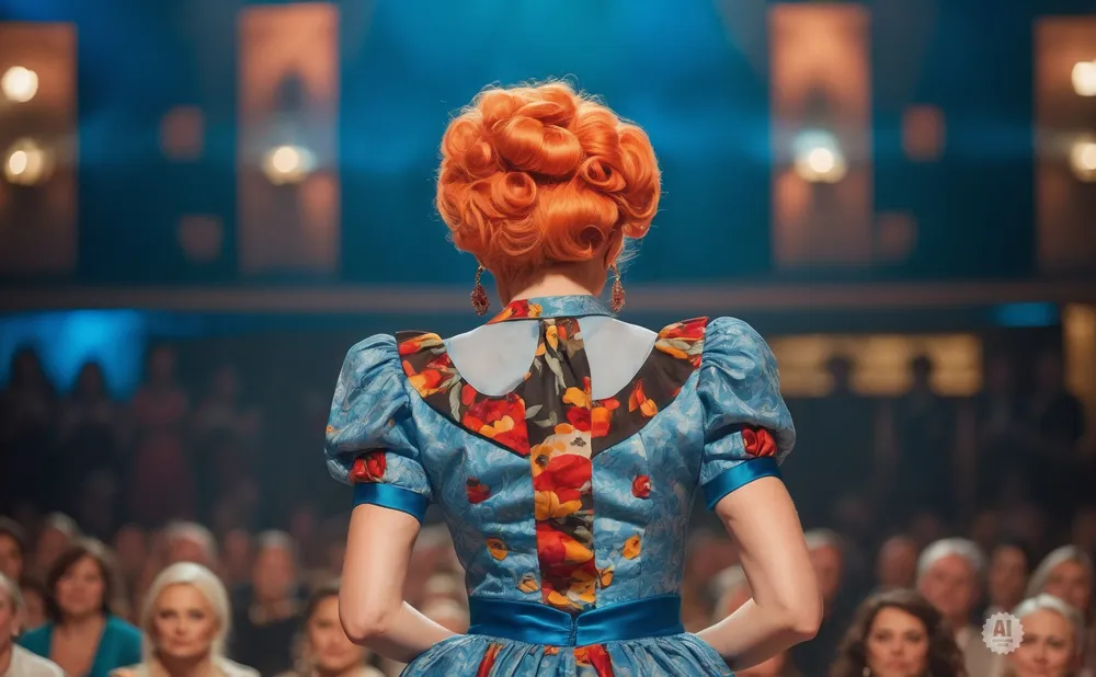 Woman with bright orange curly hair in a blue floral dress stands facing away from the camera, looking at an audience.