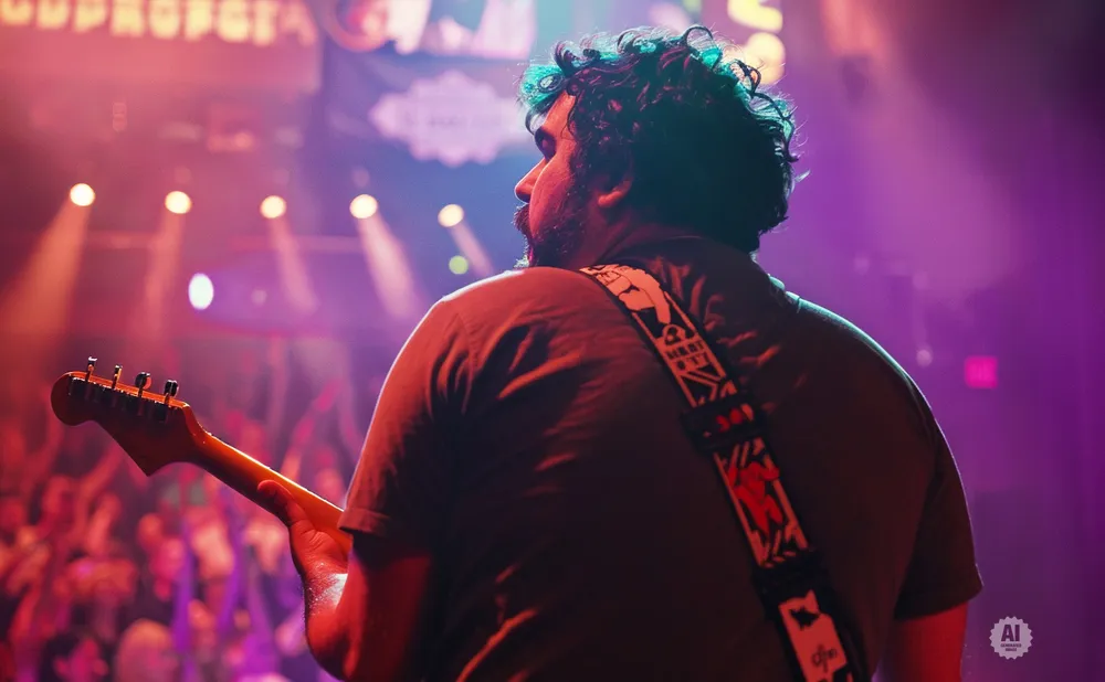 A guitarist with curly hair performs on a brightly lit stage with a cheering crowd.