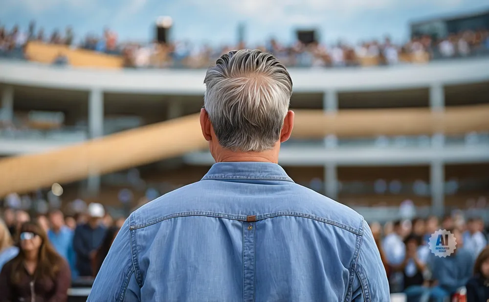 Man in blue denim shirt from behind, with gray hair, facing a blurred crowd at an outdoor event.