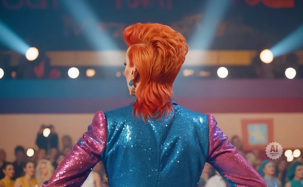 A drag queen with bright orange hair and a sequined blue and pink jacket stands on stage.