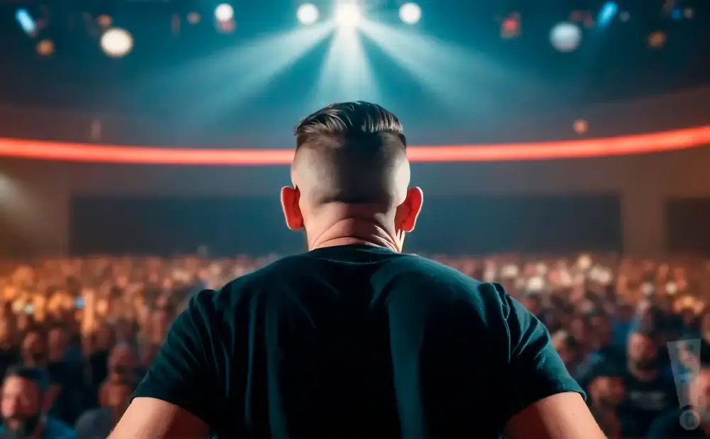 Back view of a man in a black shirt facing a large, cheering audience under a spotlight.