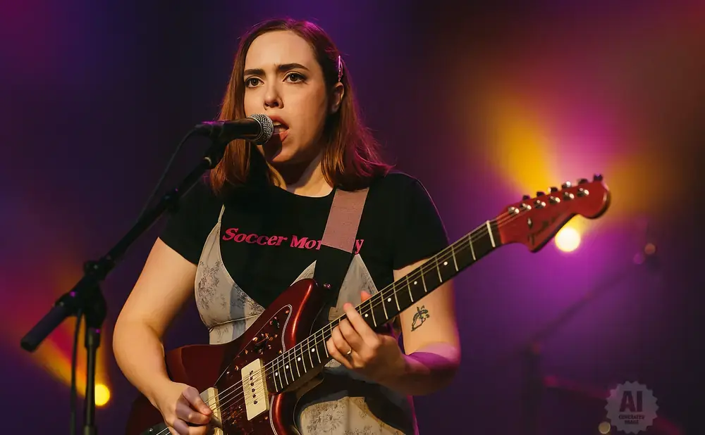 A woman with auburn hair plays a red electric guitar and sings into a microphone on a dimly lit stage.