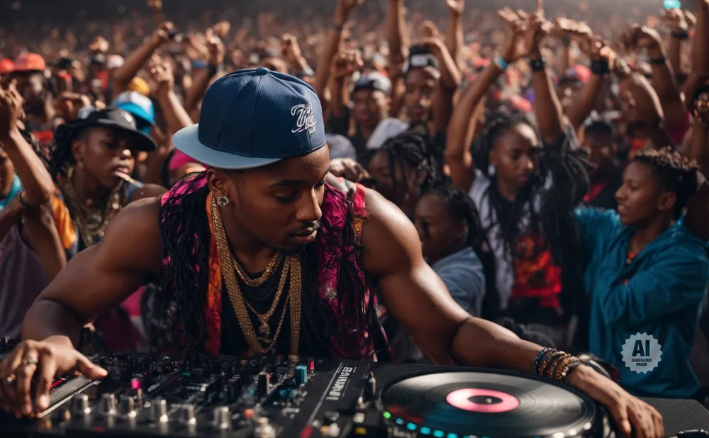 DJ playing music for a crowd at an outdoor festival.
