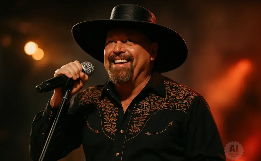 A man in a black hat and western shirt sings into a microphone, smiling broadly.