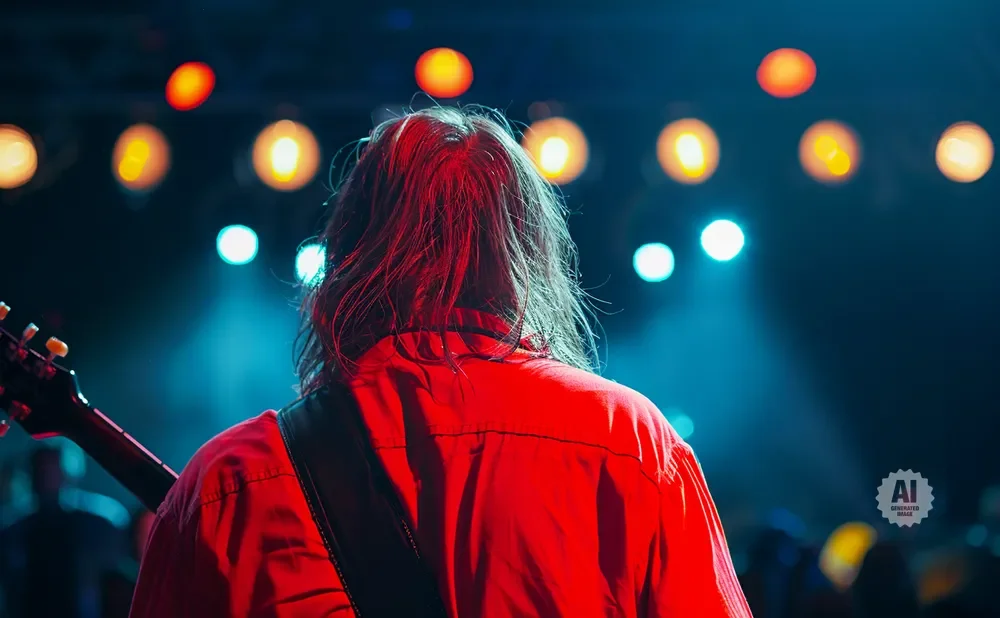 Back view of a musician in a red shirt playing guitar under stage lights.