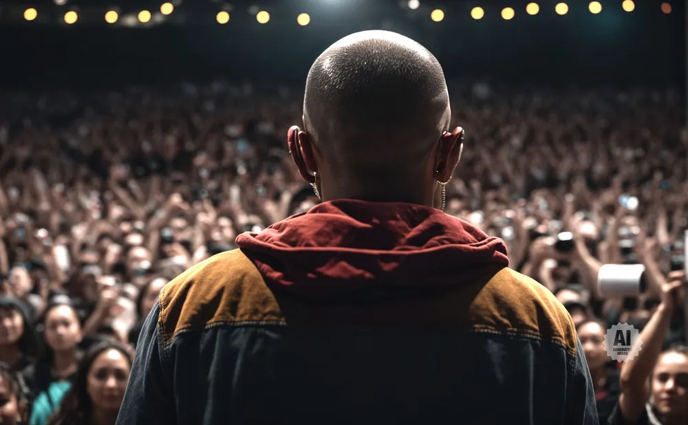 A performer on stage faces a large, cheering crowd with their back to the camera.