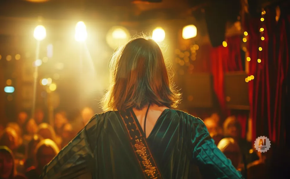 Woman in green velvet dress on stage facing audience, with bright lights and red curtains behind her.