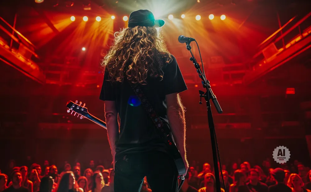 A guitarist with long, curly hair stands on stage with a guitar, facing a cheering crowd under red stage lights.