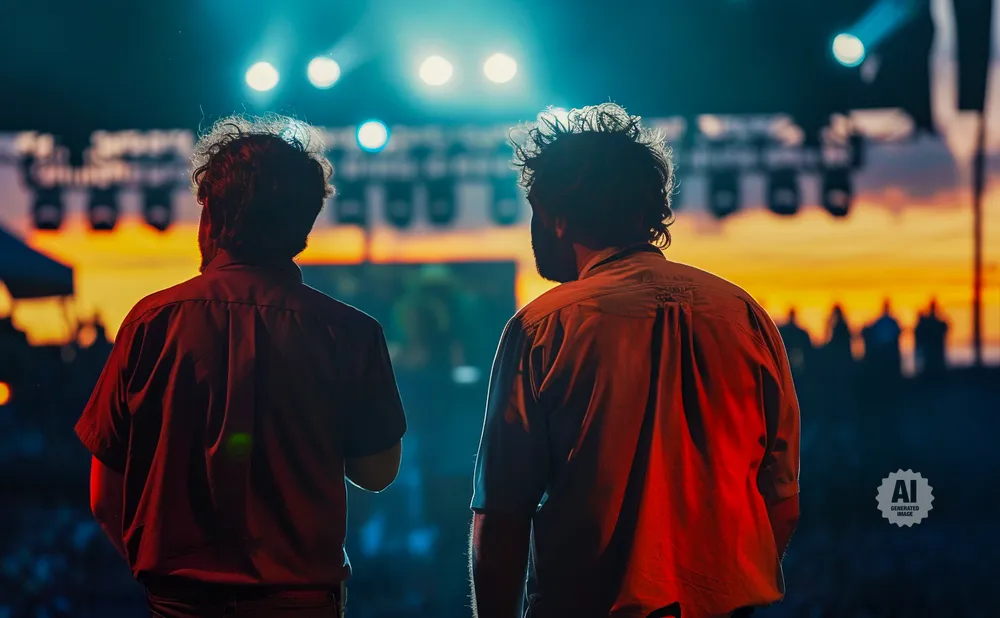 Two men stand with their backs to the camera, looking at a brightly lit stage with a sunset in the background.