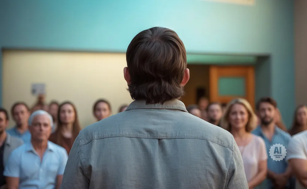 A man in a light blue shirt addresses a diverse audience from behind, with blurred faces in the background.